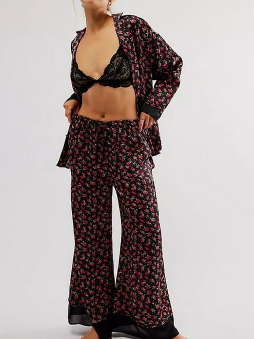 Free People Dreamy Days Black Wide Leg Floral Lounge Pants Rose Print Size S